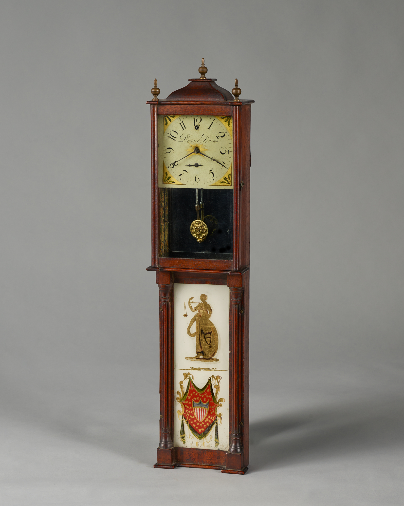 Miniature Wall Clock with an Églomisé Panel Signed on the Dial, “David Brown/Providence”